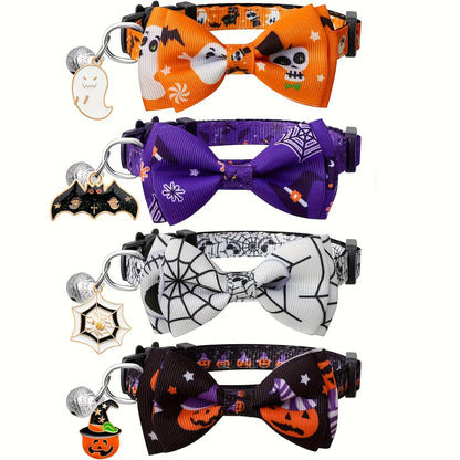 4-pak Halloweenowych obroży dla pupila z odpinaną muszką i dzwoneczkiem