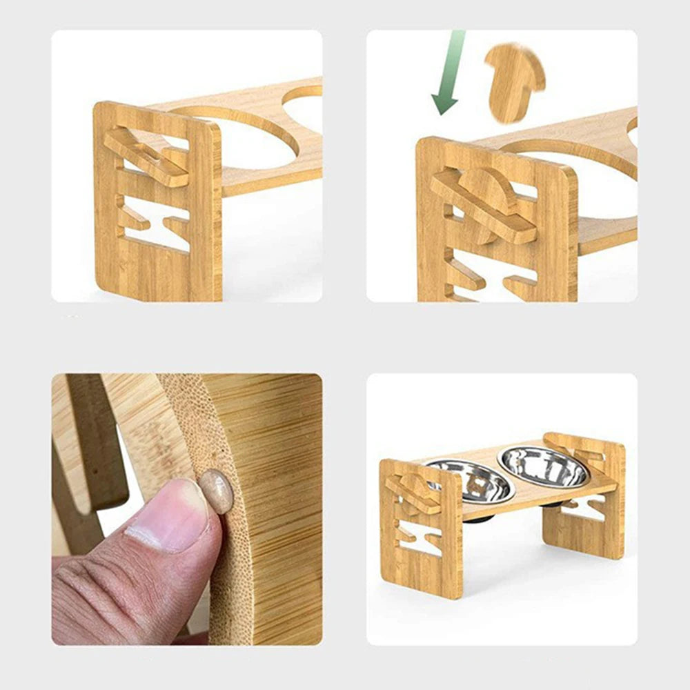 🐶🐱 Zestaw 2 Misek ze Stali Nierdzewnej z Regulowanym Bambusowo-Drewnianym Stojakiem 🌿✨