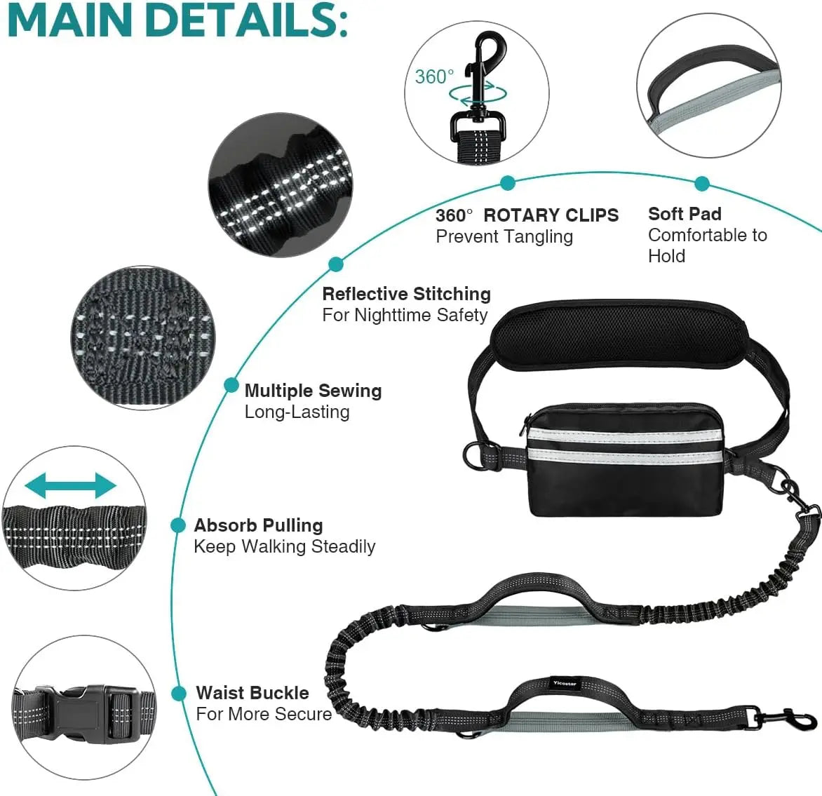 Smycz Hands-Free dla Dwóch Psów z Podwójnymi Uchwytami i Saszetką