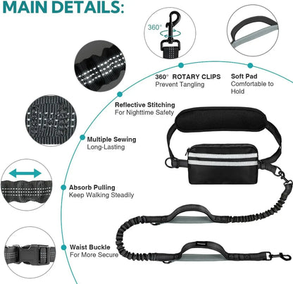 Smycz Hands-Free dla Dwóch Psów z Podwójnymi Uchwytami i Saszetką