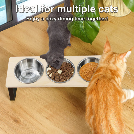 🐾 Podwyższony Zestaw Misek dla Kotów i Szczeniąt – 3 Stalowe Miski na Stojaku z Pochyleniem 15°