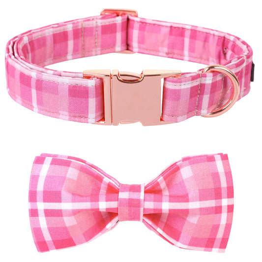 🎀 Elegancka Obroża dla Psa z Kokardką – Pink Plaid